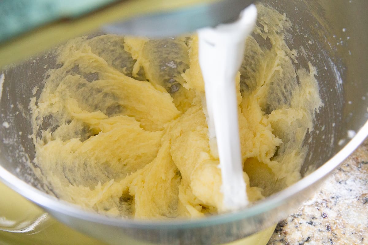 butter and sugar creamed together in the bowl of a stand mixer fitted with a paddle attachment.