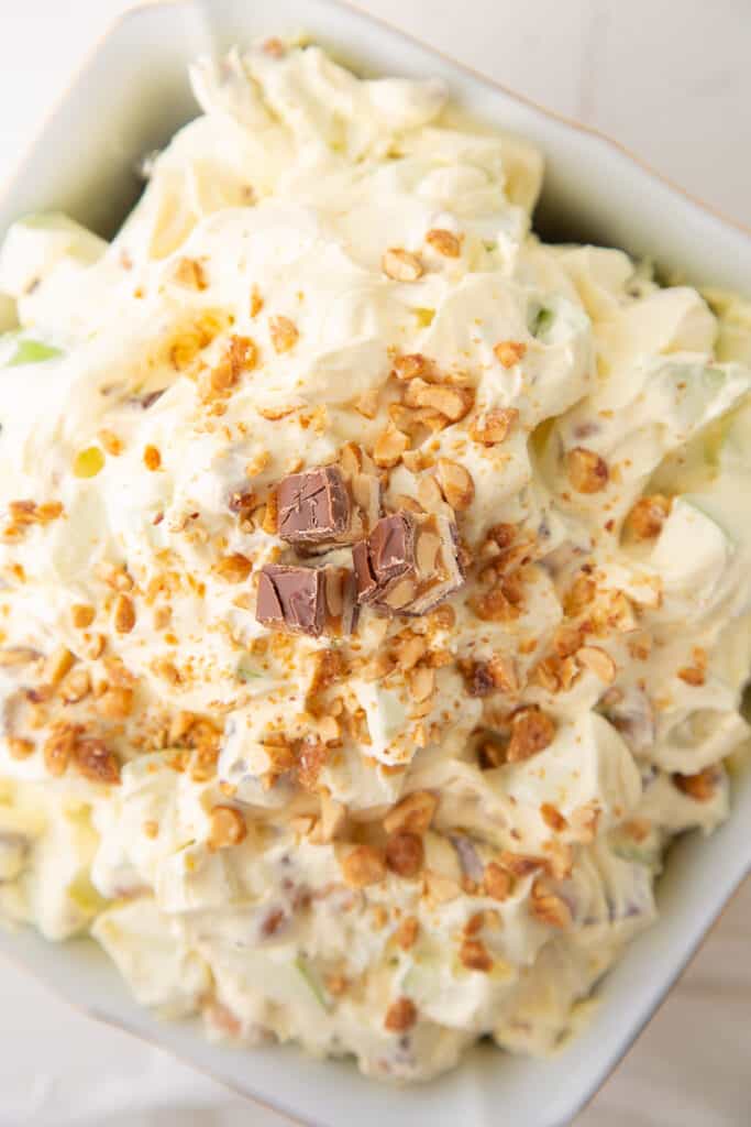 large dish of snickers salad.