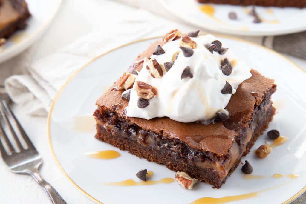 slice of turtle cake on a white plate with a fork nearby.