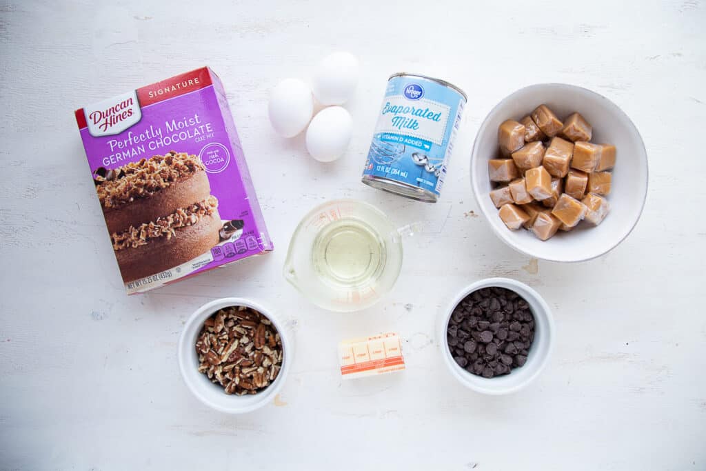 ingredients for turtle cake on a white table.