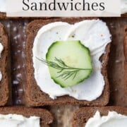 mini cucumber sandwiches on pumpernickel.
