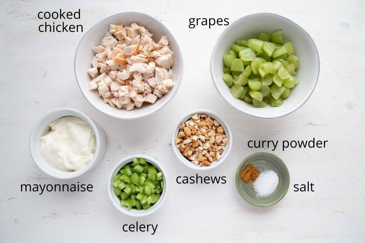 ingredients for chicken salad with grapes.