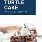 turtle cake slice topped with whipped cream.
