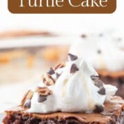 slice of chocolate cake with caramel and pecans and whipped cream.