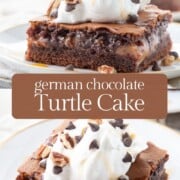 slices of chocolate cake topped with whipped cream, chocolate chips, and caramel sauce.