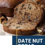 date nut bread with a slice taken out of it on a wooden board.
