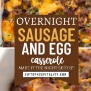 egg casserole topped with sausage and shredded cheese.