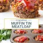 muffin tin meatloaf topped with ketchup on a white marble platter.