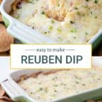 hand scooping reuben dip from a casserole dish.