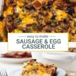 white casserole dish with sausage and egg casserole, topped with cheese.