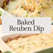 baked reuben dip in a green casserole dish.