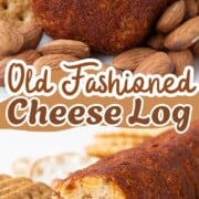 cheese log rolled in chili powder and sitting on a platter with almonds and crackers.