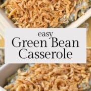 green beans in a creamy mushroom sauce in a casserole dish, topped with crispy fried onions.
