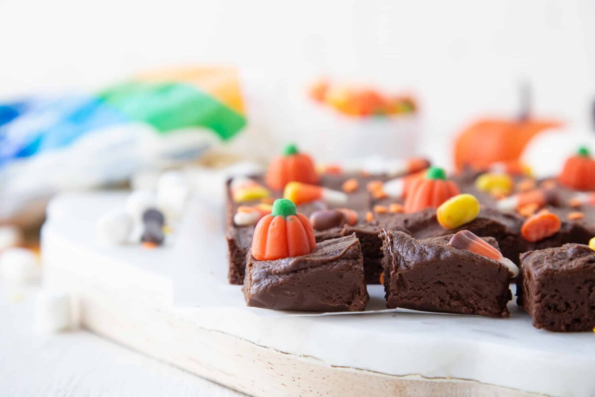 fudge topped with candy corn and mellowcreme pumpkins.