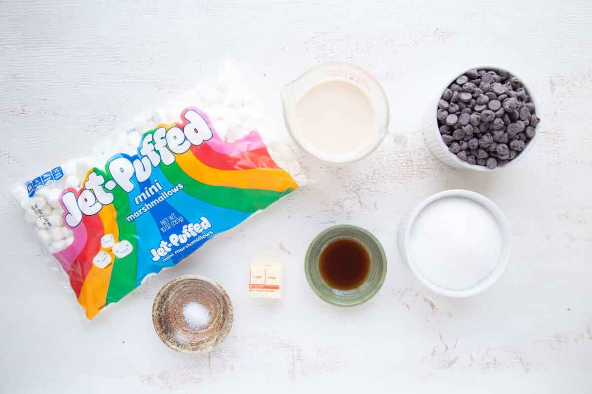 ingredients for fudge on a white table.