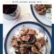 Crockpot Beef Stew on a white and blue rimmed plate.