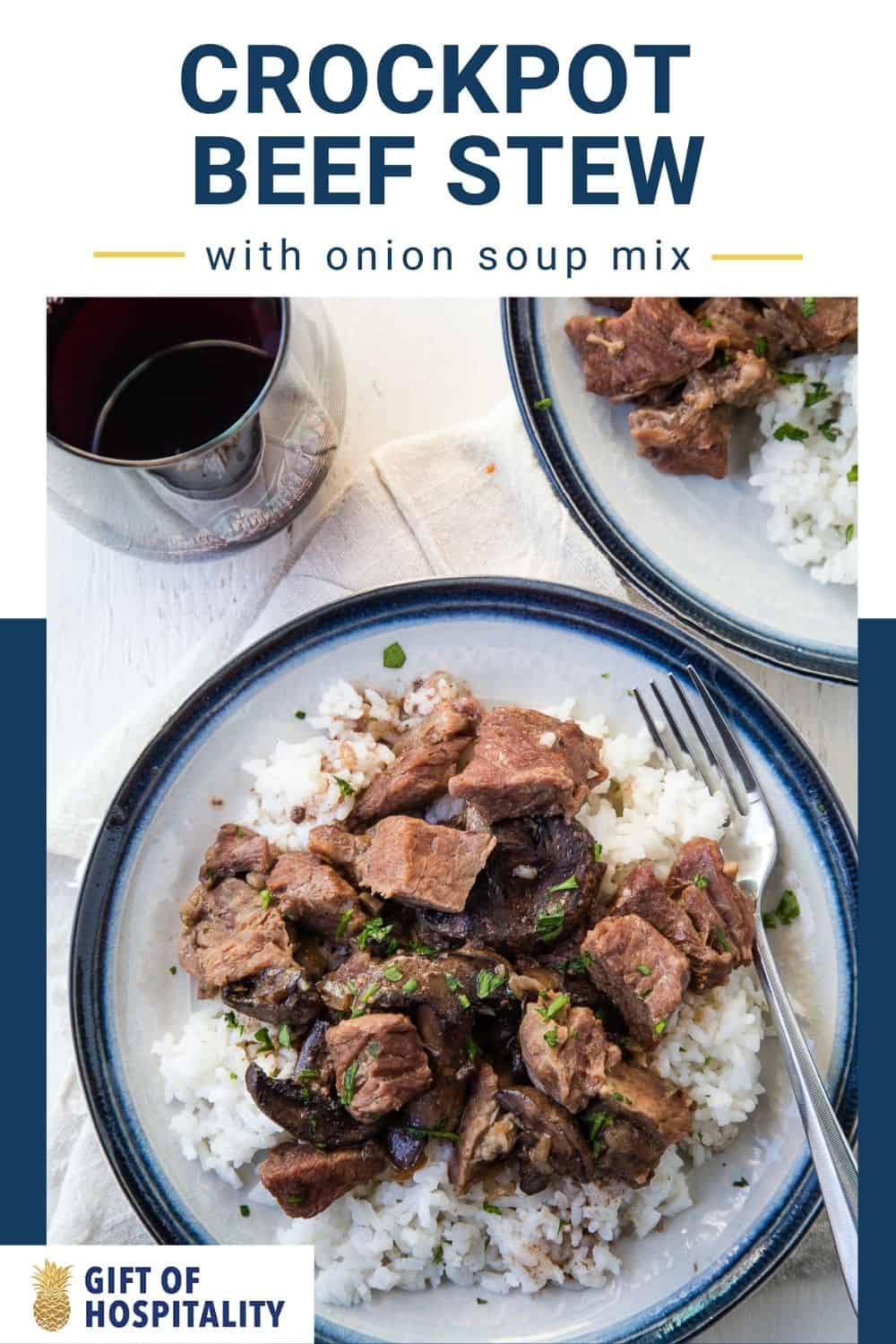 Crockpot Beef Stew on a white and blue rimmed plate.