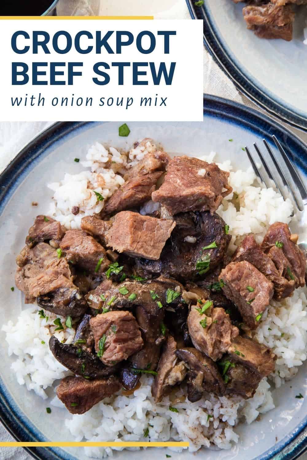 crockpot beef stew over rice on a white and blue plate.