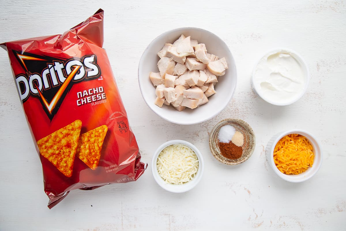 ingredients for easy dorito chicken casserole on a white table.