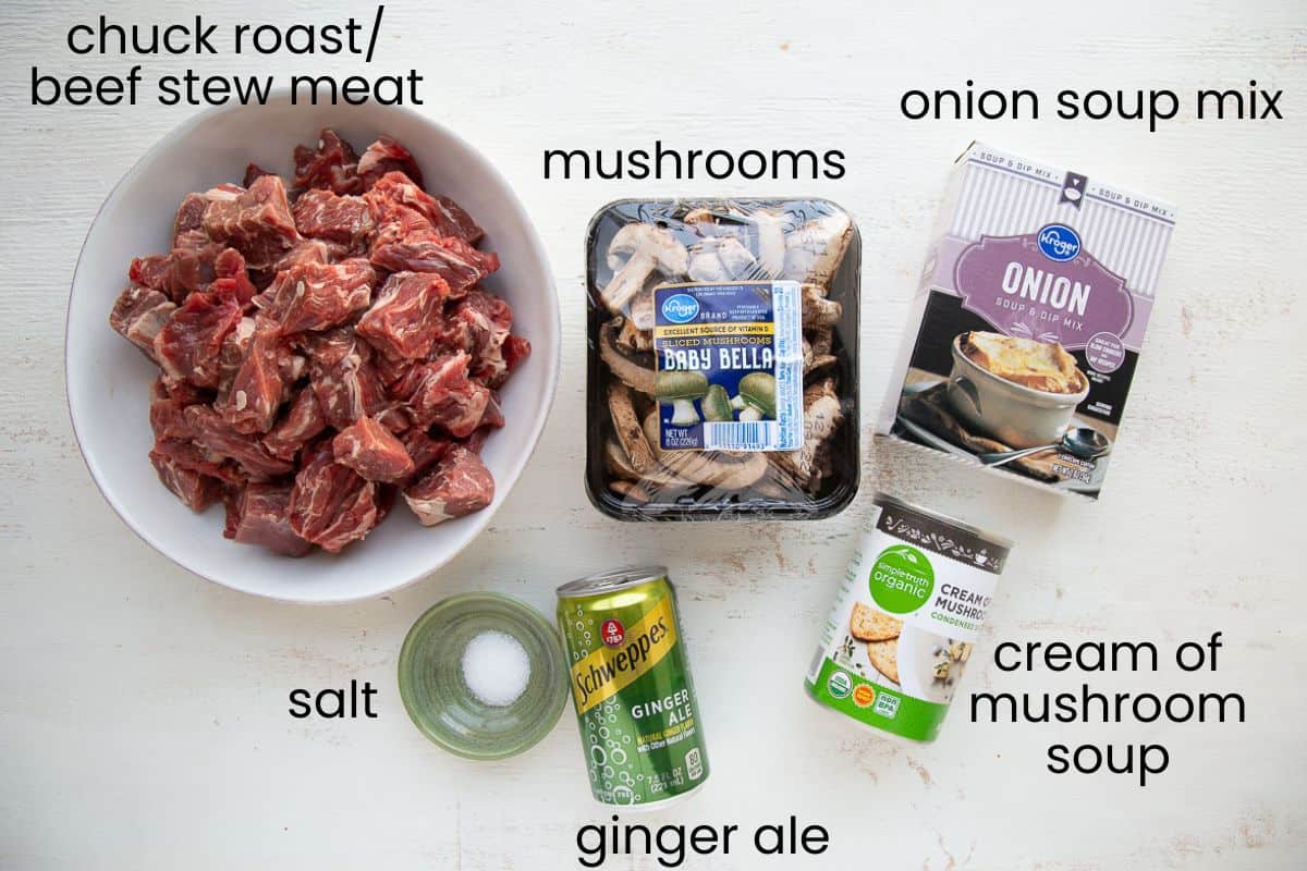 beef stew meat, cream of mushroom soup, and other ingredients.