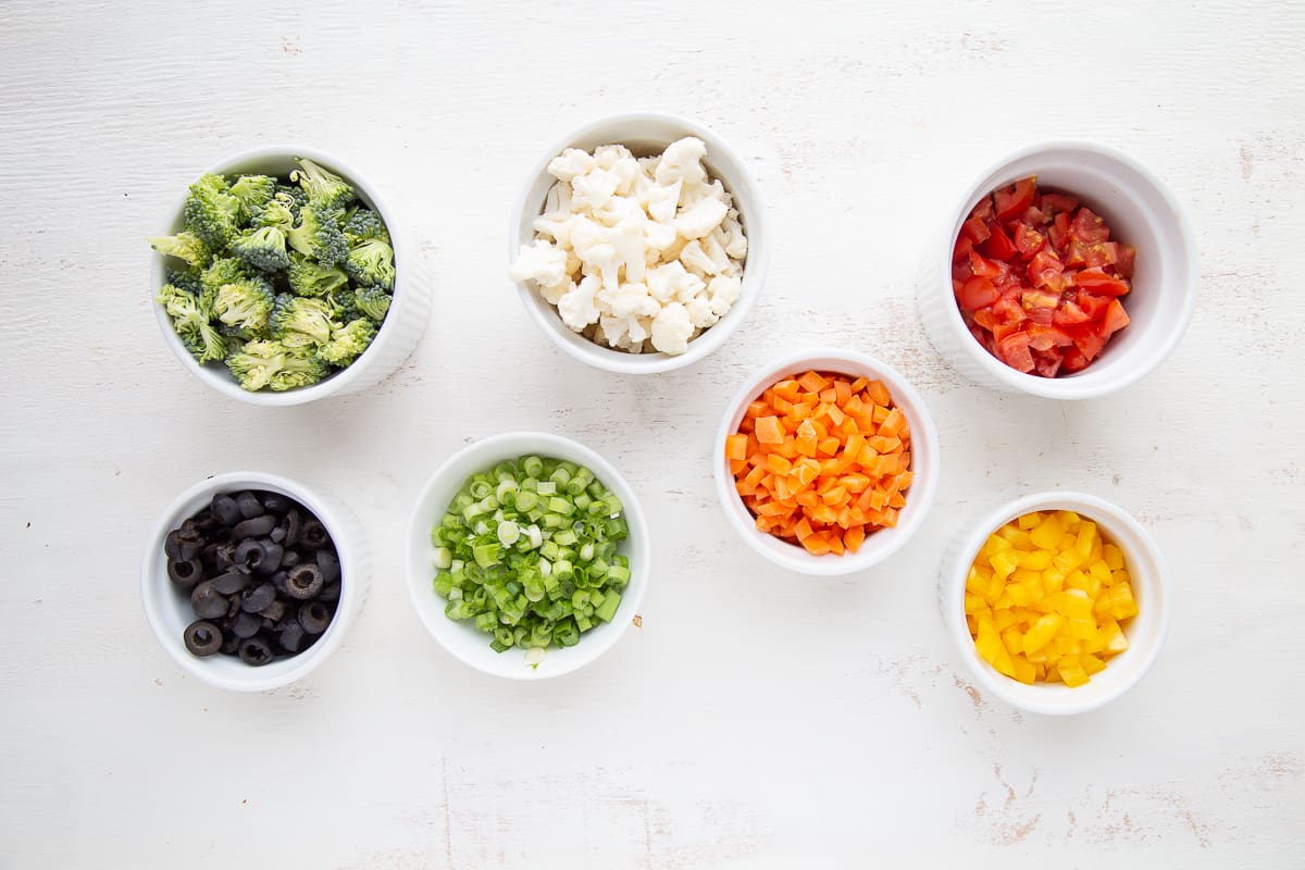 diced veggies in ramekins.