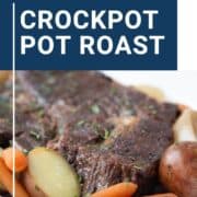 Crockpot Pot Roast on a white platter with potatoes and carrots.