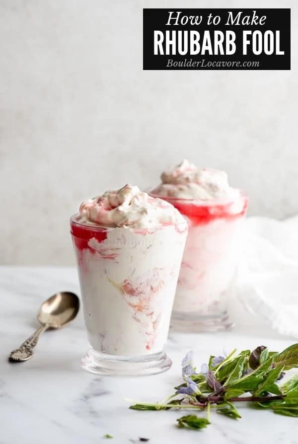 parfait glasses filled with rhubarb and whipped cream.