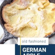 german pancake with apples in cast iron skillet.