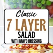 lettuce, onion, tomatoes, peas, and other ingredients layered in a trifle dish.