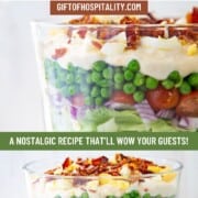 lettuce, tomatoes, peas, bacon, mayo, and other ingredients layered in a trifle dish.
