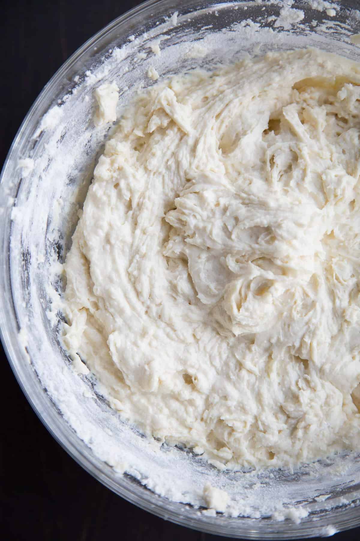 coffee cake batter in a glass bowl.