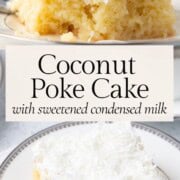 slices of coconut poke cake with condensed milk inside.
