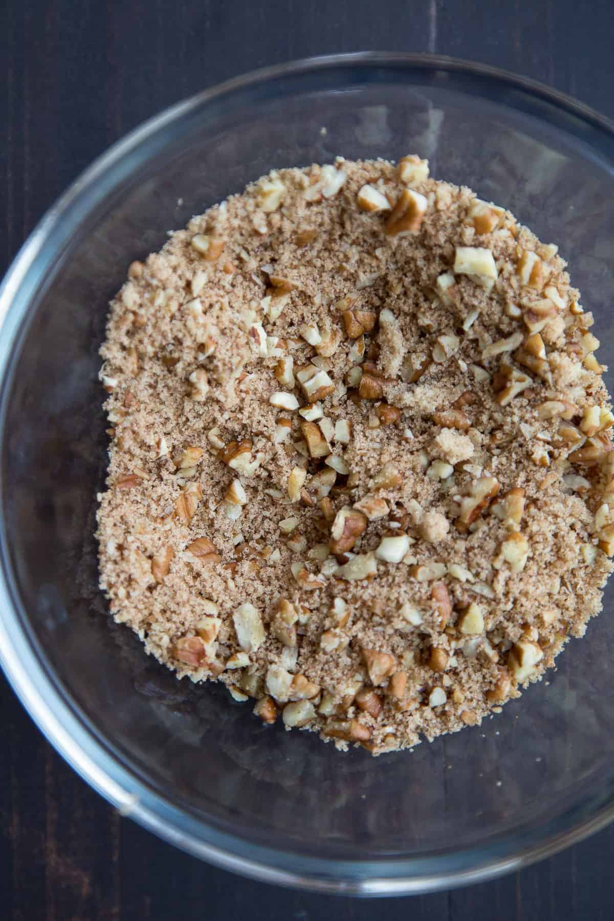 pecan topping in a glass bowl.