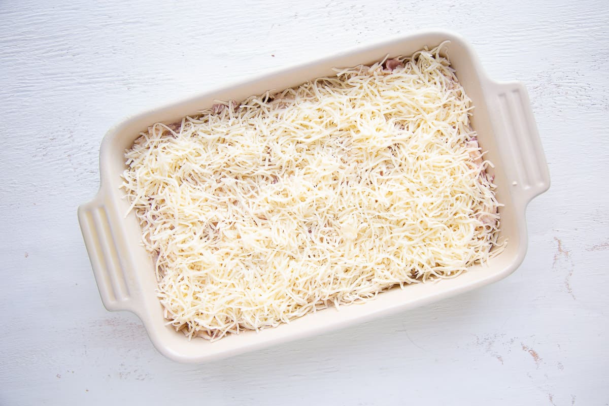 uncooked reuben dip in a casserole dish.