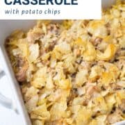 tuna noodle casserole in a white casserole dish.