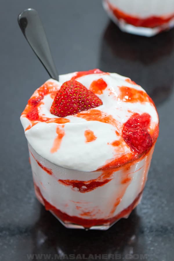 strawberry fool in a clear glass.