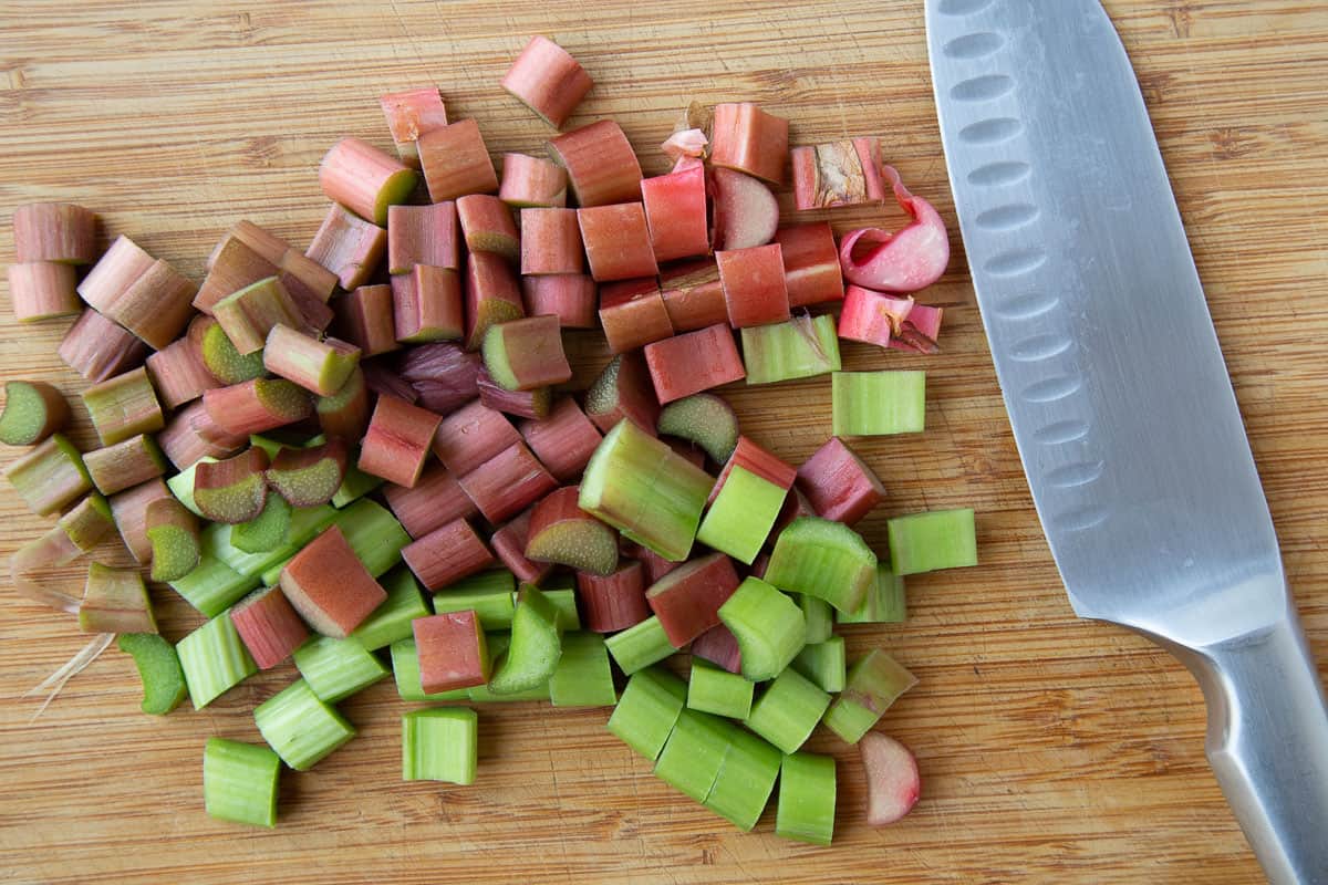 chopped rhubarb on a cutting board.