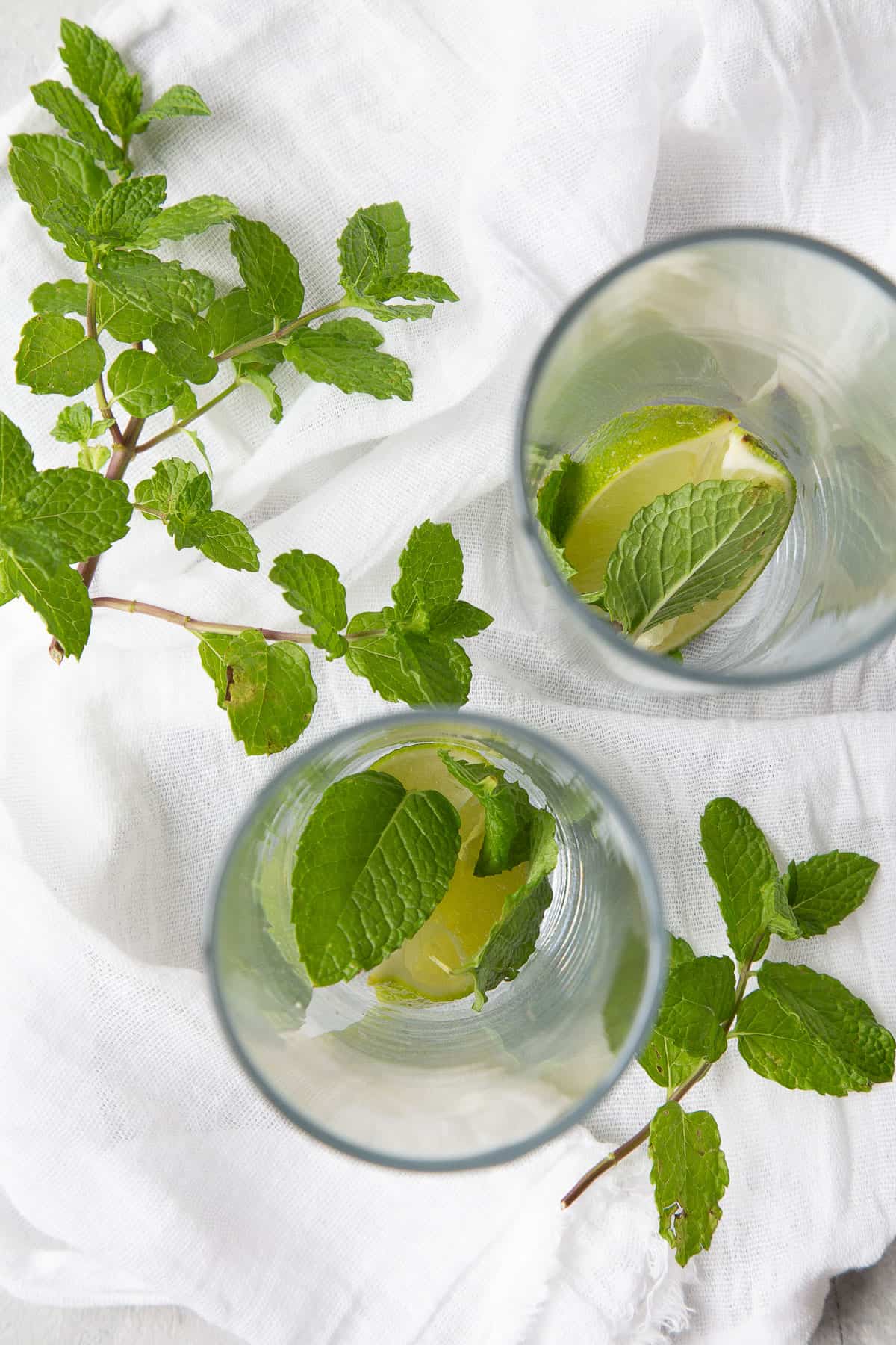 mint leaves and lime slices in two glasses.