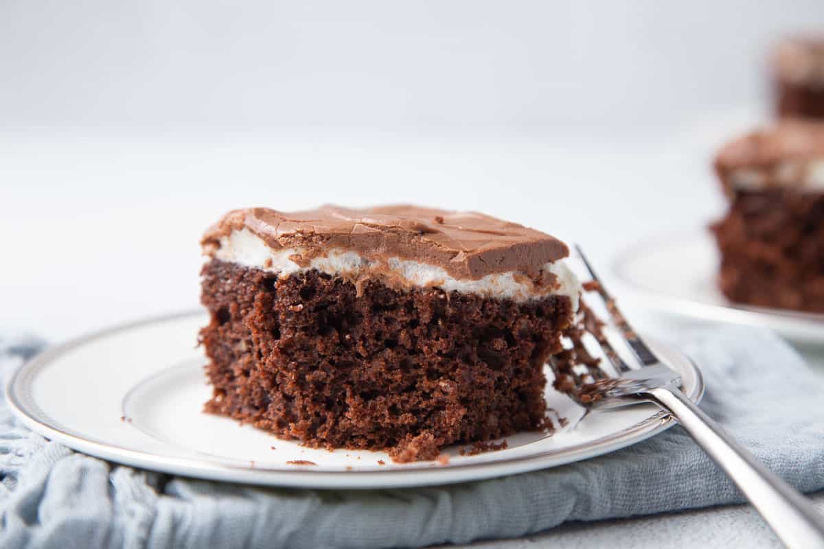 slice of mississippi mud cake on a white plate.