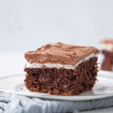 slice of mississippi mud cake on a white plate.