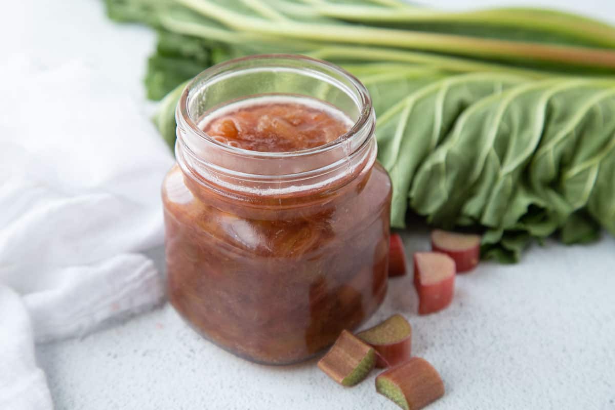 rhubarb sauce in a glass jar.