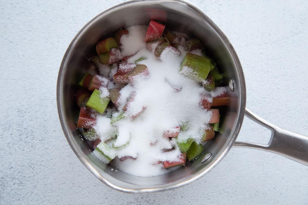 rhubarb and sugar in a saucepan.
