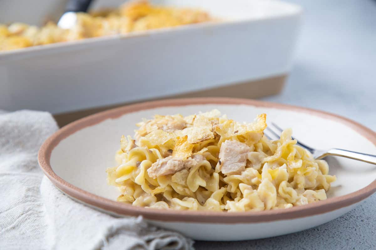 tuna noodle casserole on a white dish with a brown rim.