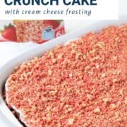 Strawberry Crunch Cake in a white cake pan.