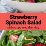 strawberry spinach salad in a low white bowl.