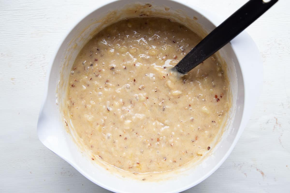 cake batter in a white bowl.