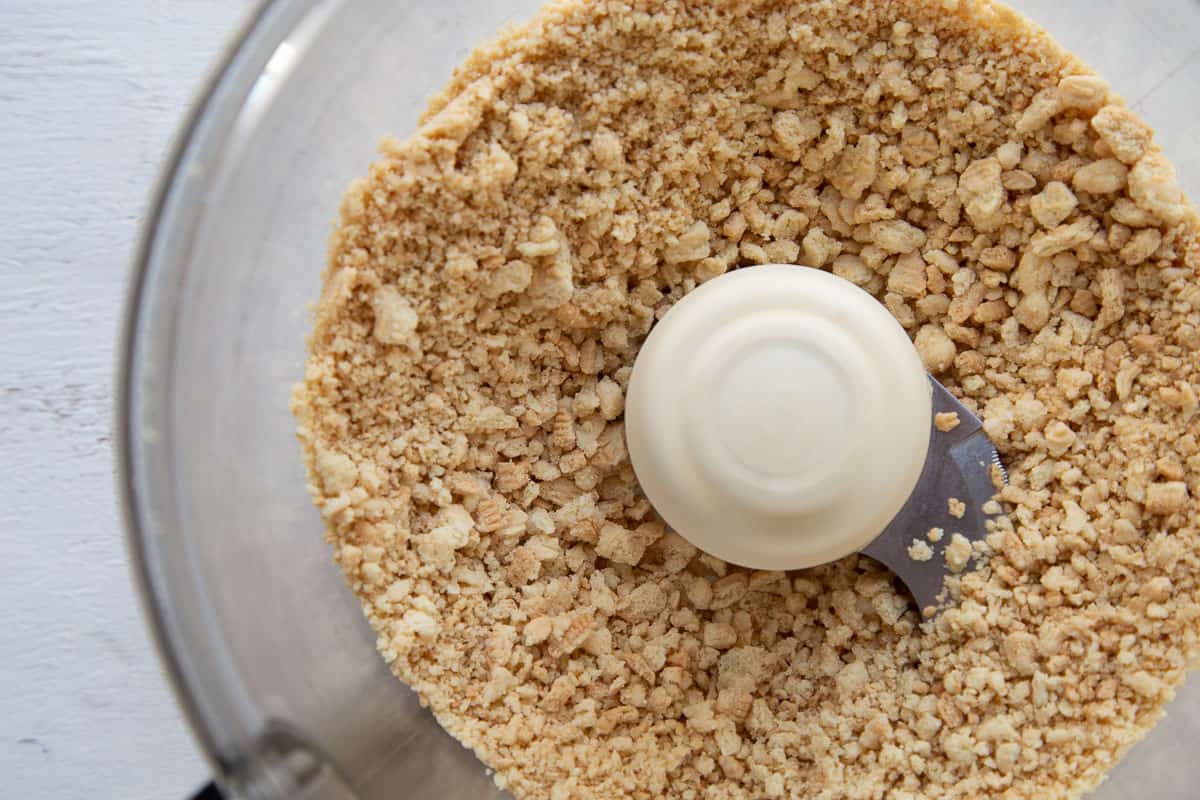 golden oreo crumbs in a food processor.