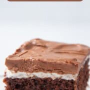 slice of chocolate cake with a layer of marshmallow and chocolate frosting on top.