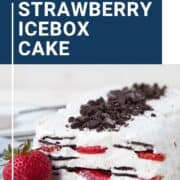 strawberry icebox cake on a white platter.
