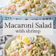 macaroni salad with shrimp in a decorative blue and white bowl.